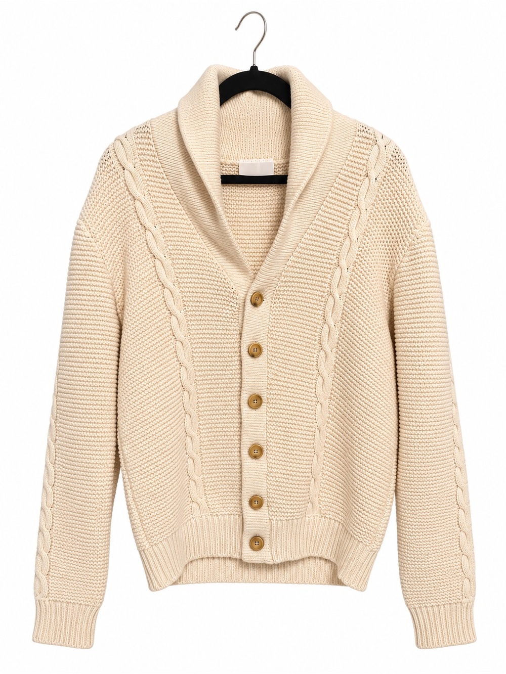 VINTAGE Chunky Cream Cable Knit Shawl Collar Cardigan Sweater - Great Condition